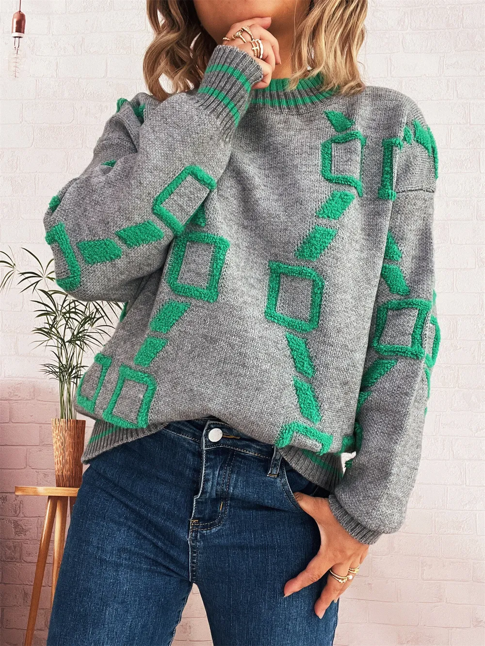 Contrast Round Neck Long Sleeve Sweater, image 22