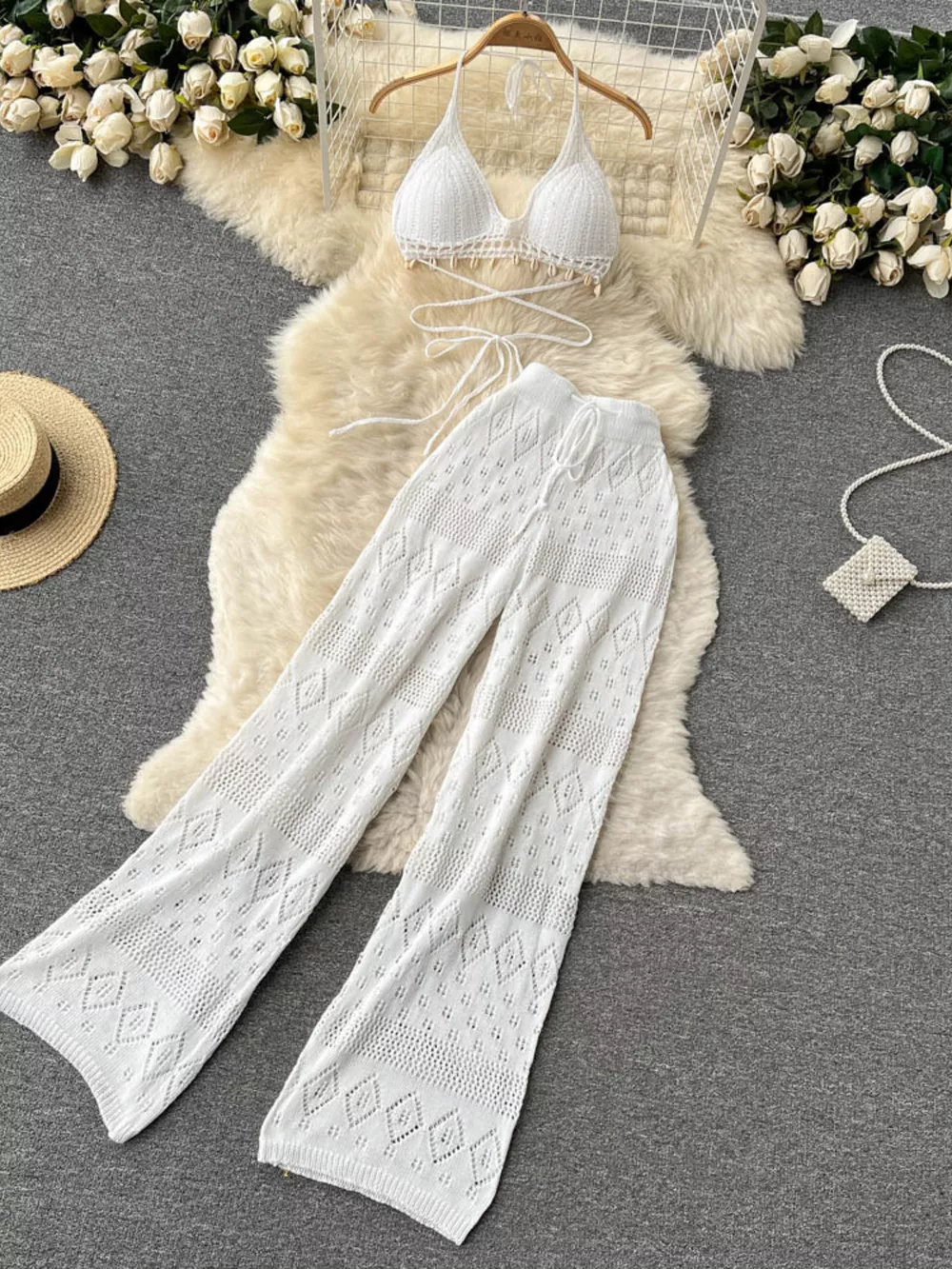 Crochet Knit Halter Neck Top and Wide Leg Pants Set, image 14