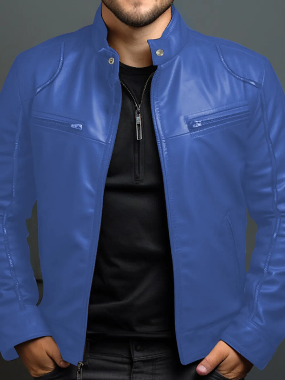 Men's Full Size Leather Motorcycle Jacket with Zipper Front Plus Size, image 9