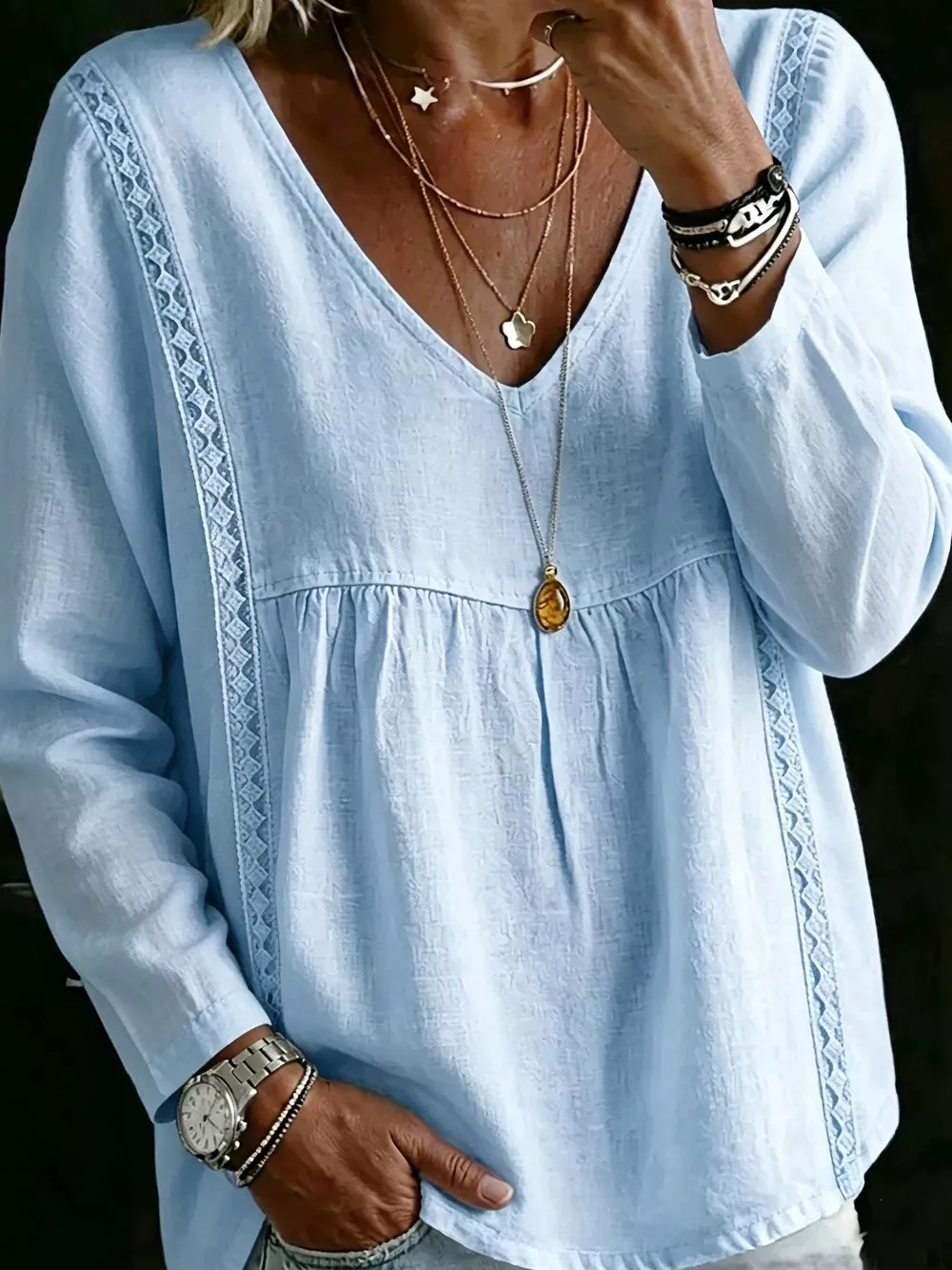 Full Size V-Neck Lace Trimmed Long Sleeve Blouse Plus Size, image 3