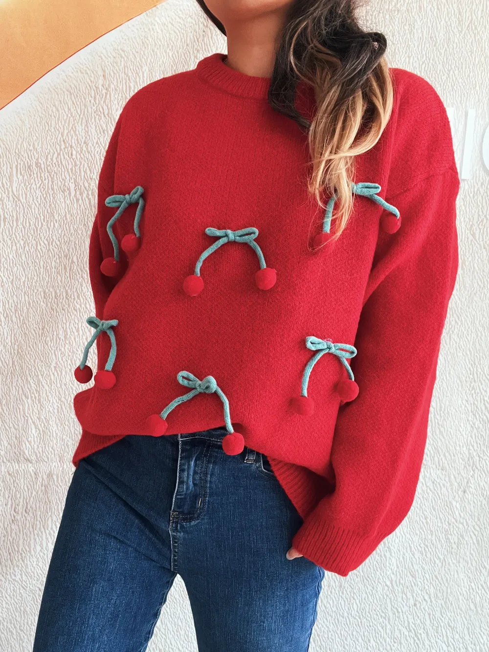 Cherry Round Neck Long Sleeve Sweater, image 19