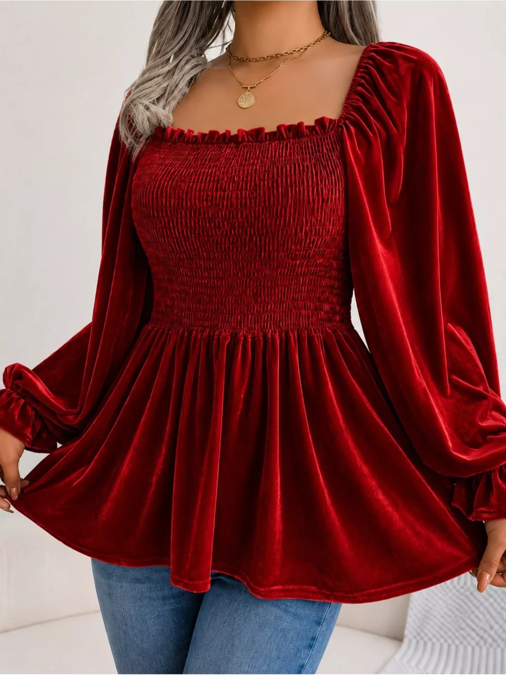 Velvet Smocked Peplum Blouse, image 13