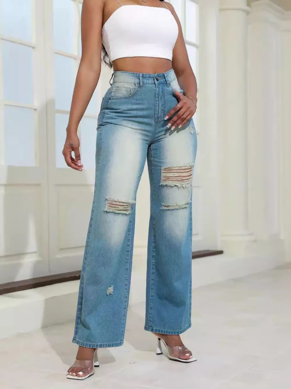High-Waisted Distressed Wide-Leg Jeans, image 9