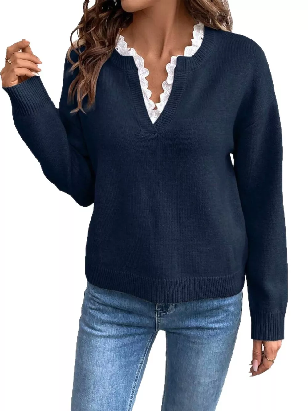 Lace Trim Dropped Shoulder Sweater, image 7