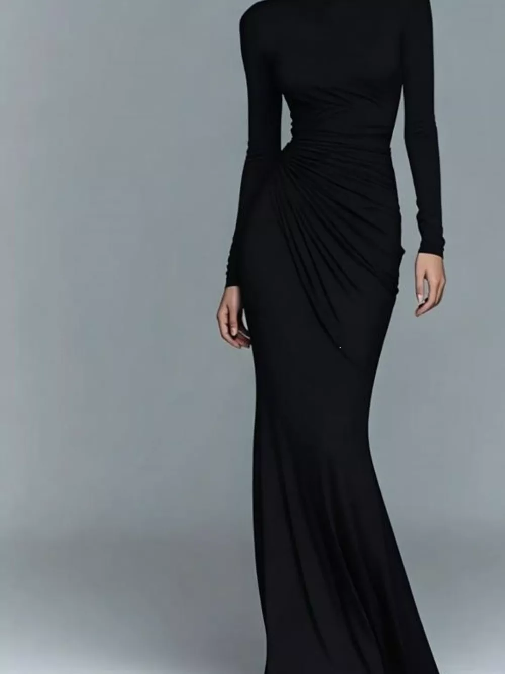 Turtleneck Long-Sleeve Ruched Maxi Dress, image 6