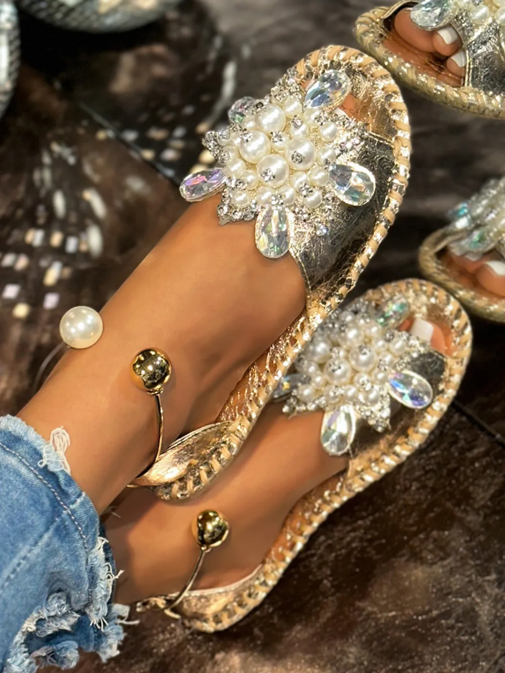 Pearl Crystal Embellished Flat Sandals, image 4