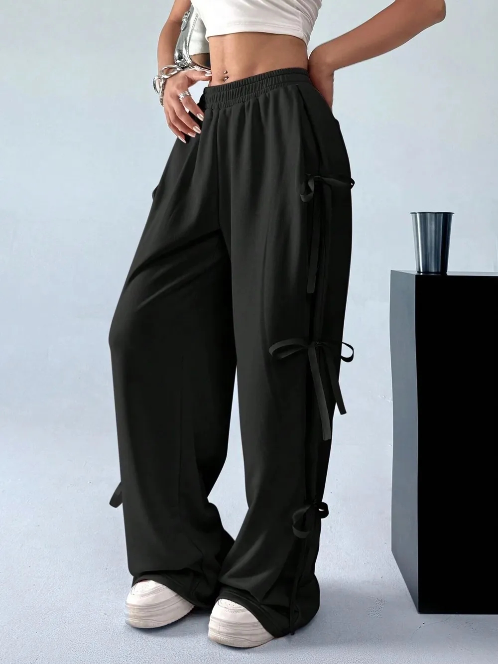 Cargo Wide Leg Pants with Side Tie Details, image 4