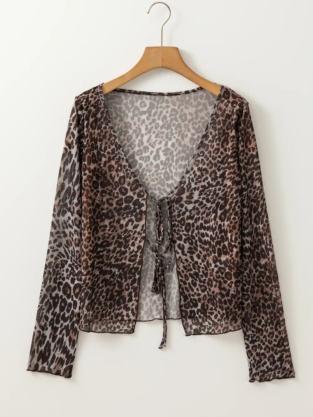 Leopard Sheer Mesh Long Sleeve V Neck Lace-Up Blouse, image 6