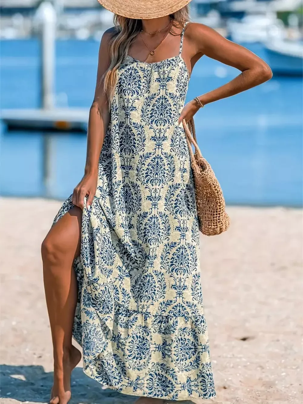 Plus Size Bohemian Spaghetti Strap Damask Print Maxi Beach Dress, image 2