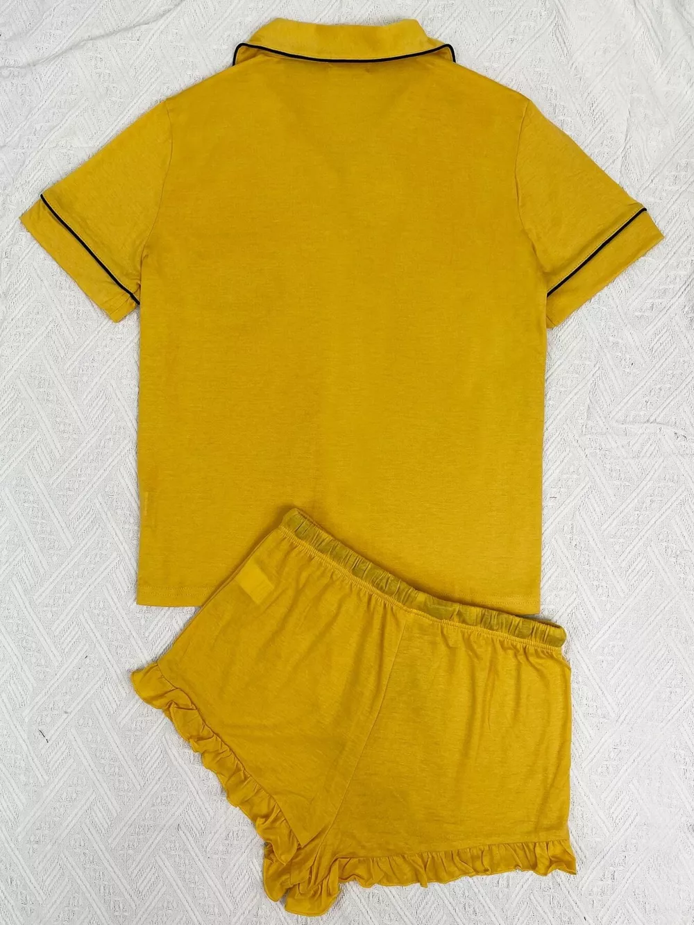 Contrast Piping Button-Down Shirt and Ruffle Shorts Lounge Set, image 12