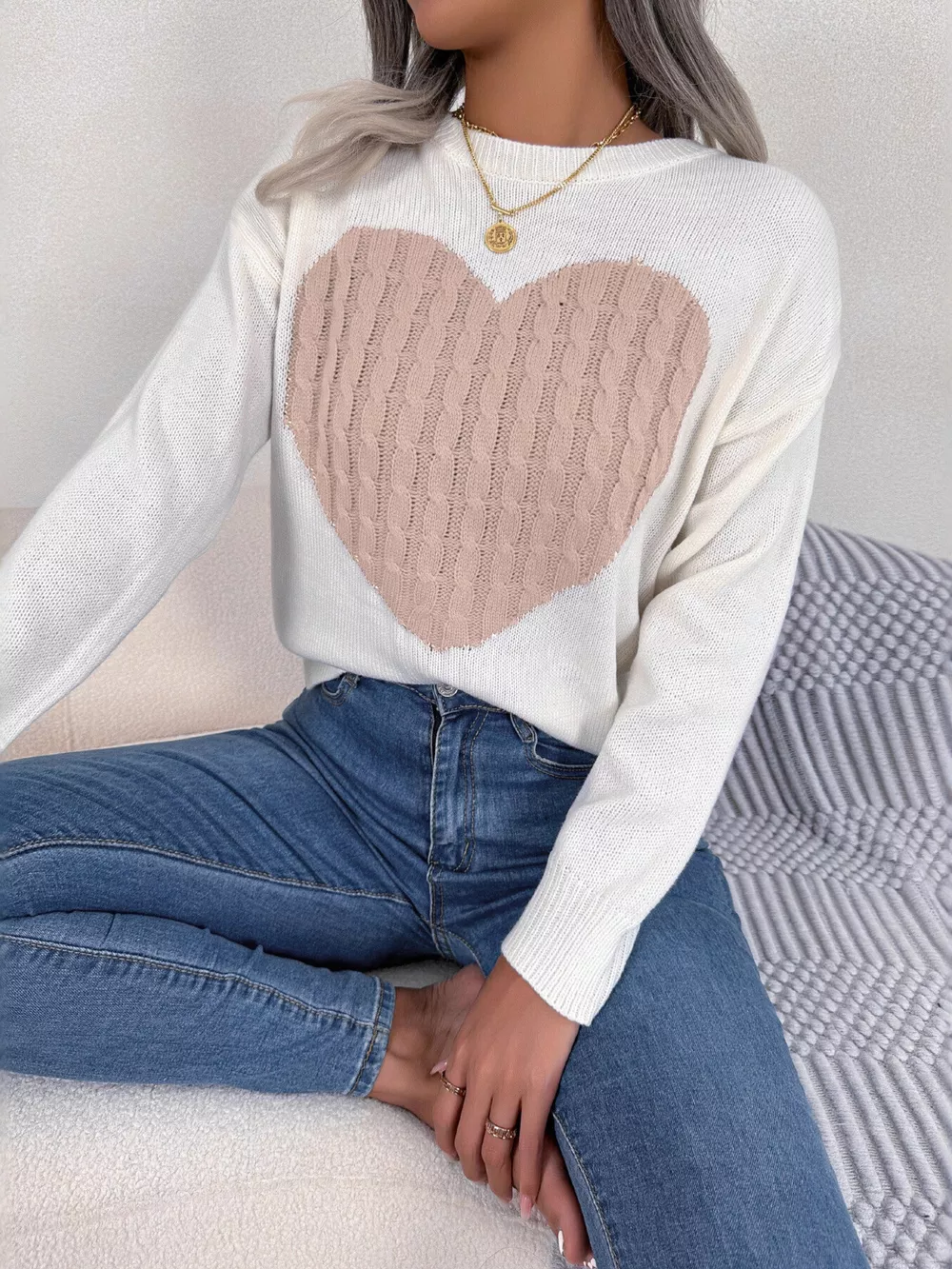 Cable Knit Heart Round Neck Sweater, image 6