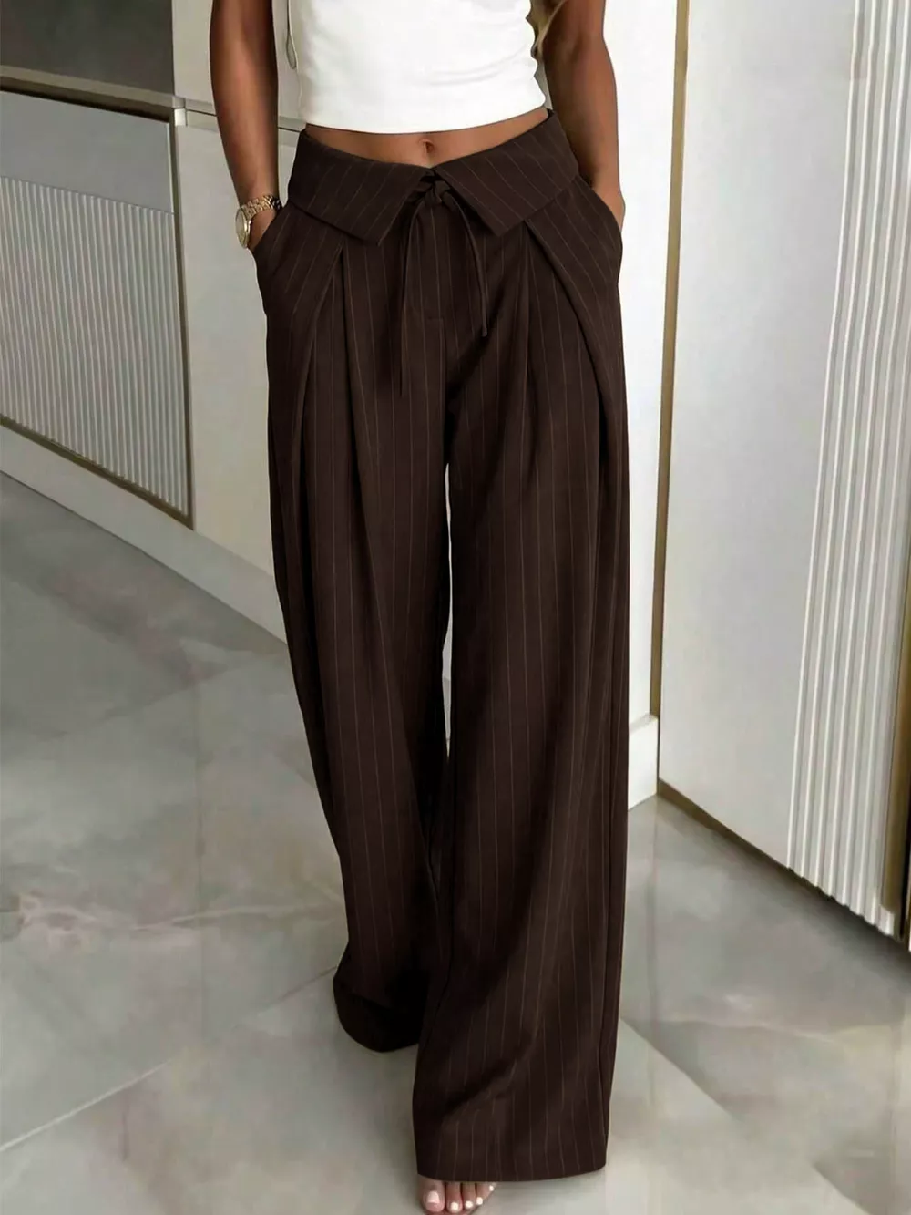 High-Waisted Wide-Leg Pinstripe Pants, image 10