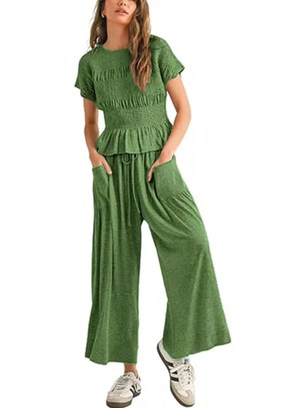 Smocked Peplum Top and Wide-Leg Pants Set, image 12