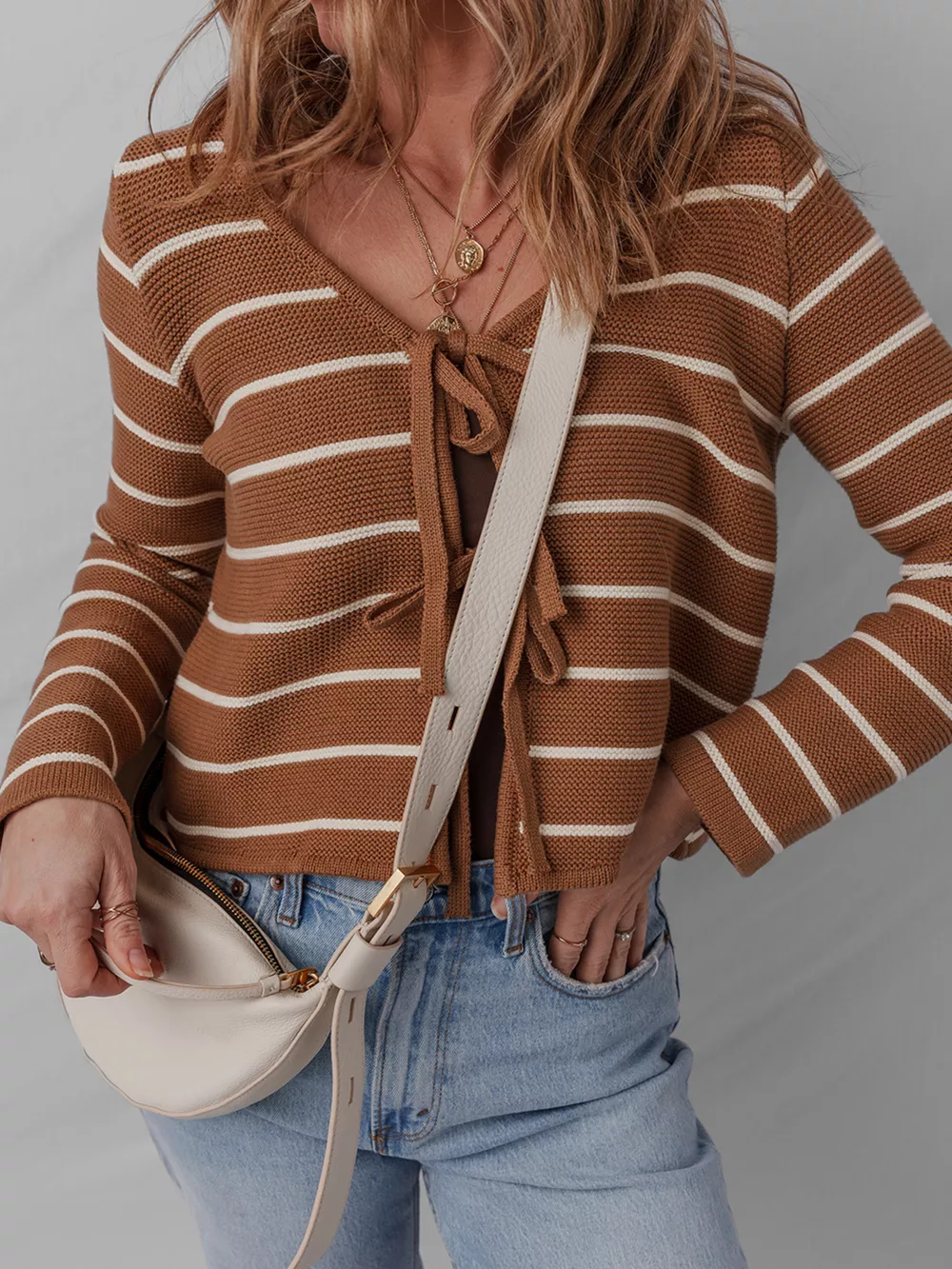 Tie Front Striped Knit V Neck Cardigan, image 4