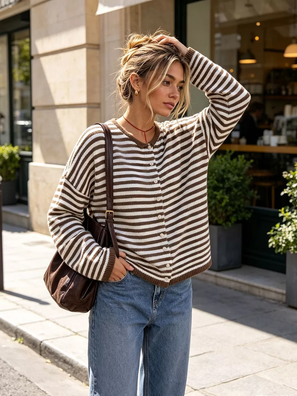 Striped Button-Down Knit Cardigan, image 6