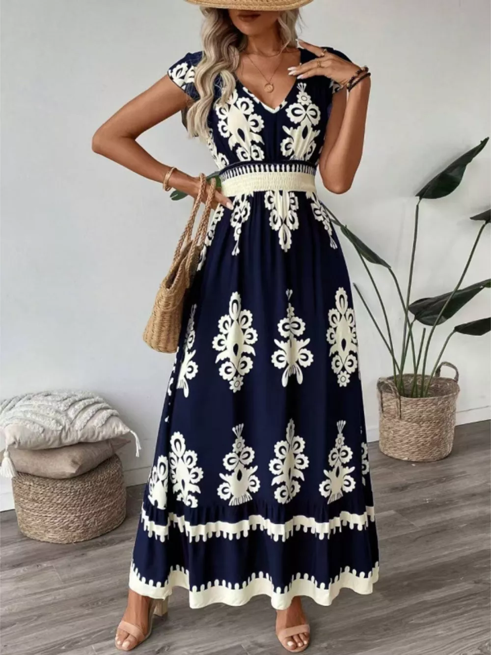 Printed V-Neck Ruffled Cap Sleeve Dress, image 11