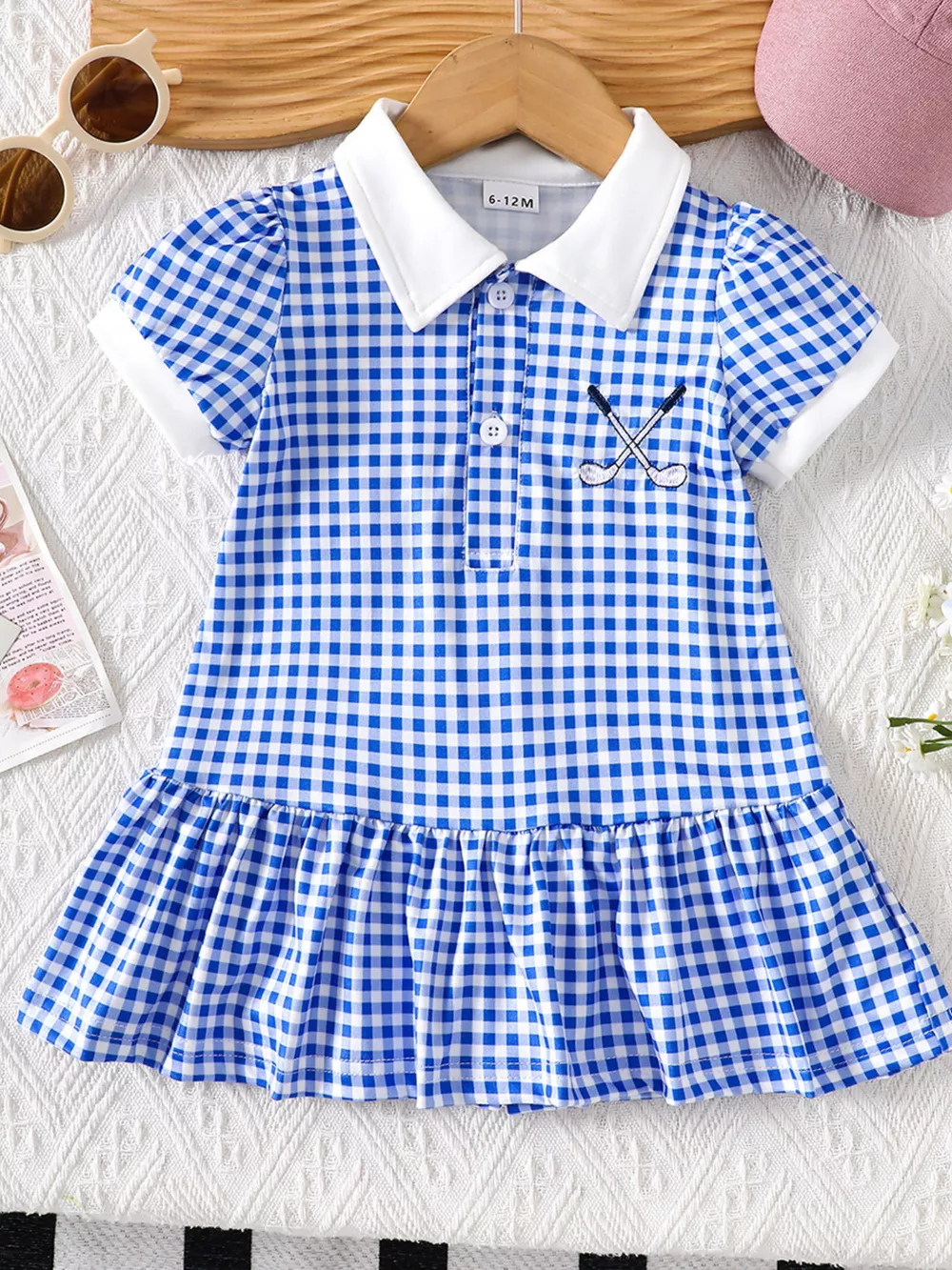 Children's Gingham Polo Collar Ruffle Hem Dress, image 2