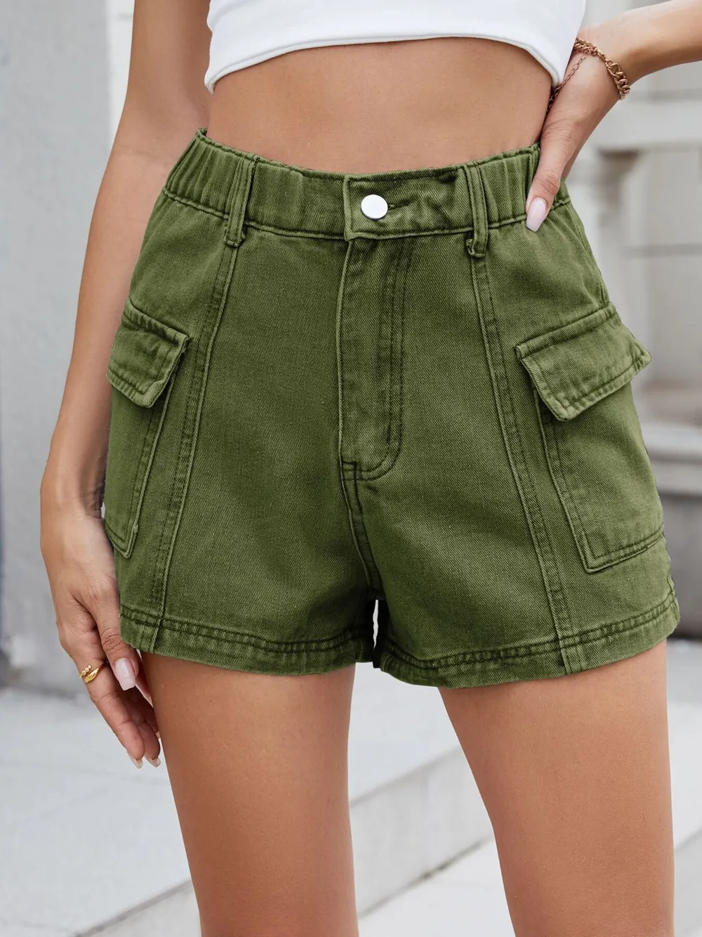 High Waist Cargo Denim Shorts, image 12