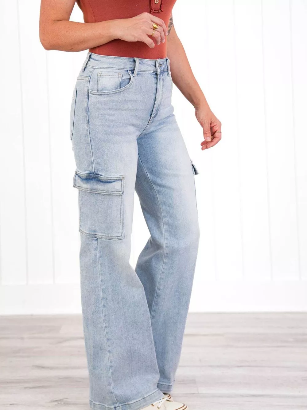Full Size Wash Wide Leg Cargo Jeans Plus Size, image 3