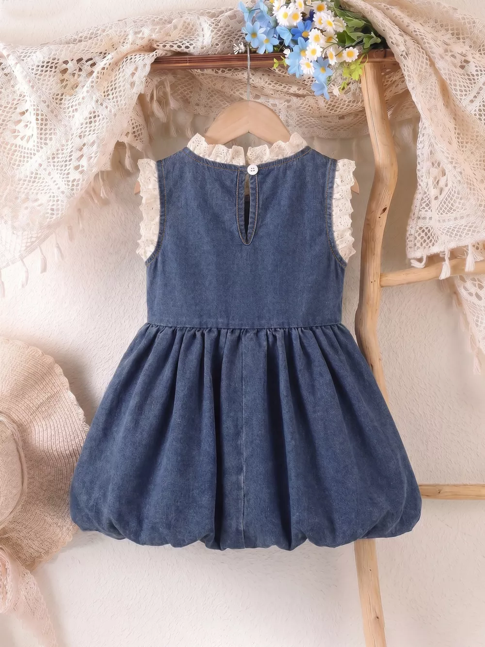 Children's Denim Cherry Applique Dress with Lace Trim, image 6