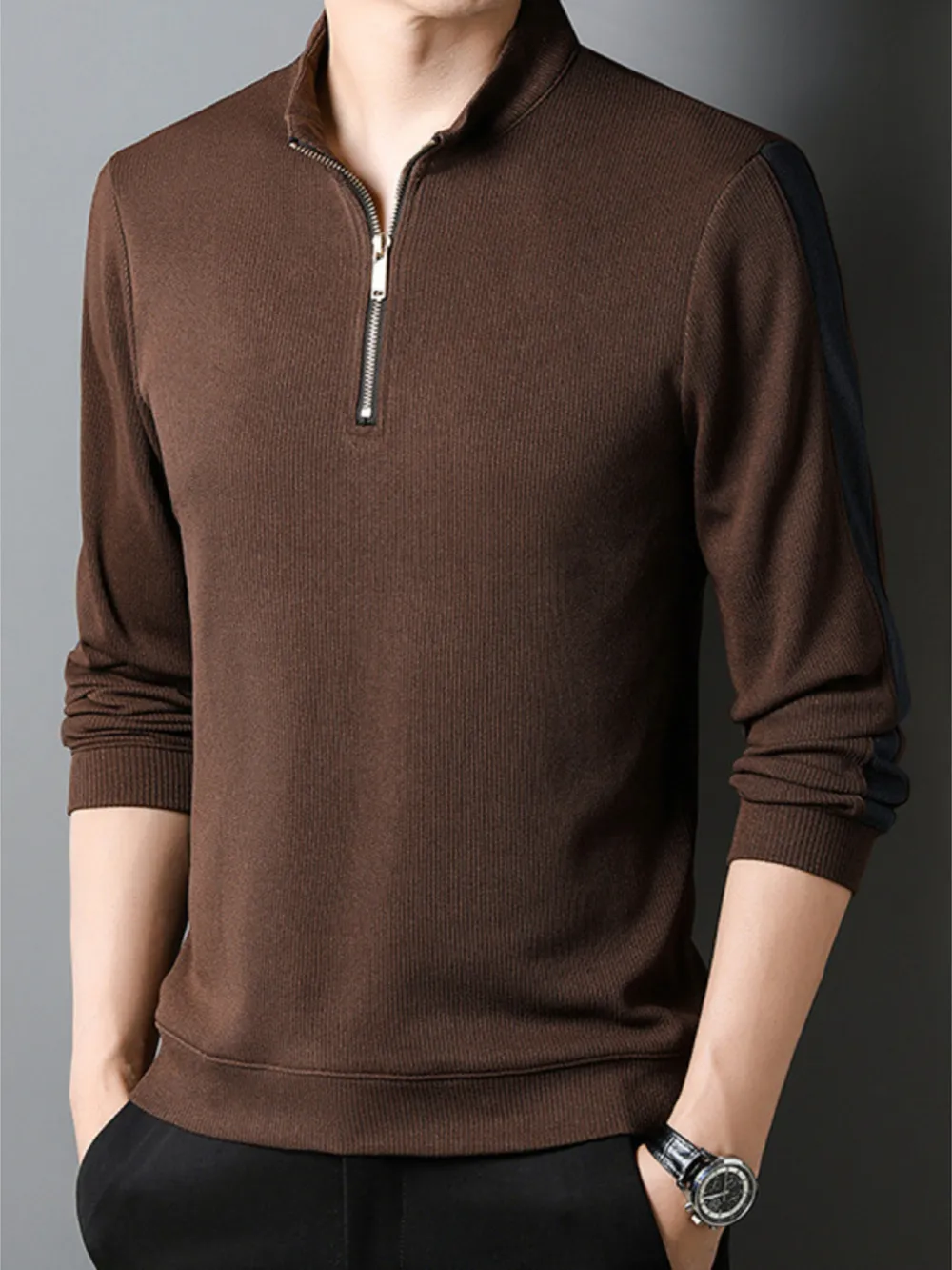 Men's Plus Size Quarter Zip Long Sleeve Polo, image 7