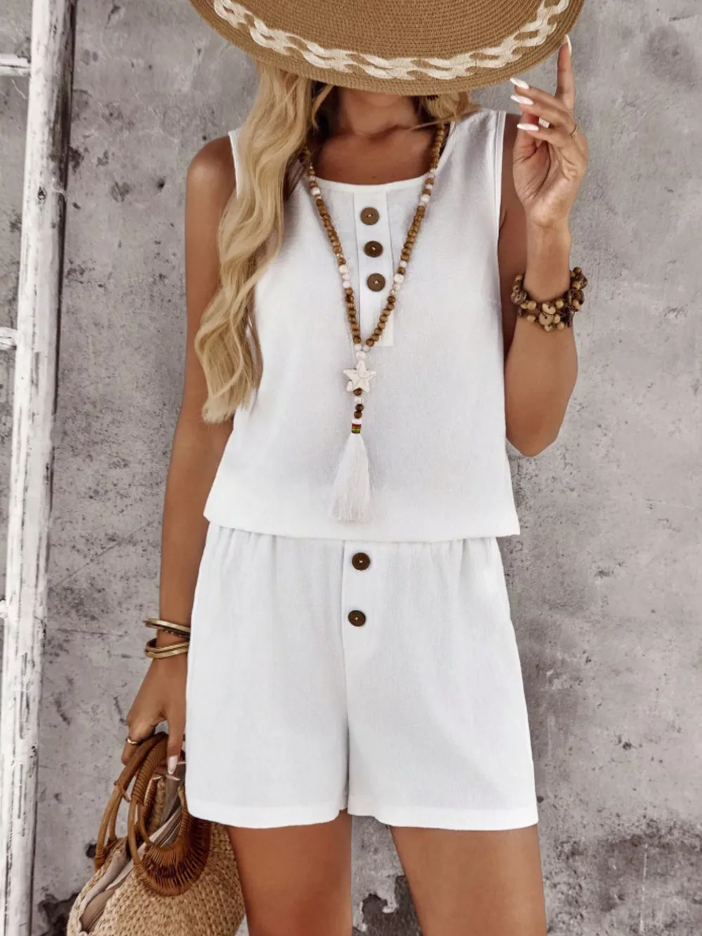Decor Button Round Neck Tank and Shorts Set, image 11