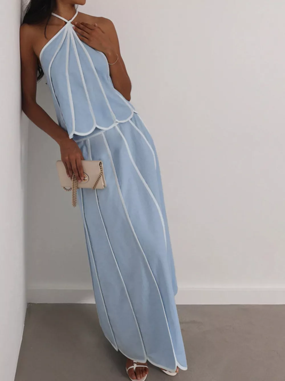Halter Neck Scalloped Hem Top and Skirt Set, image 4