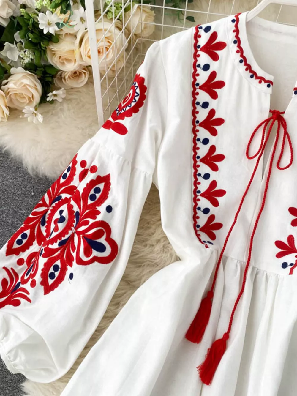 Embroidered Tie Neck Long Sleeve Dress, image 6