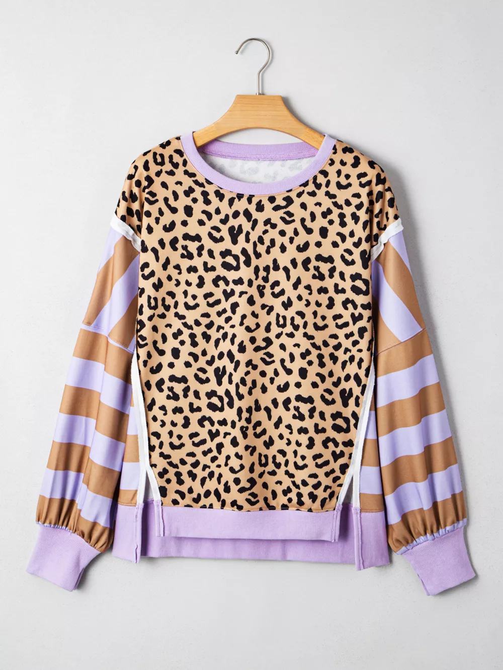 Stripe Color Block Patchwork Leopard Casual Sweatshirt with Slits, image 7