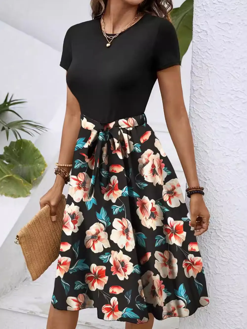 Floral Print Short Sleeve A-Line Dress, image 4