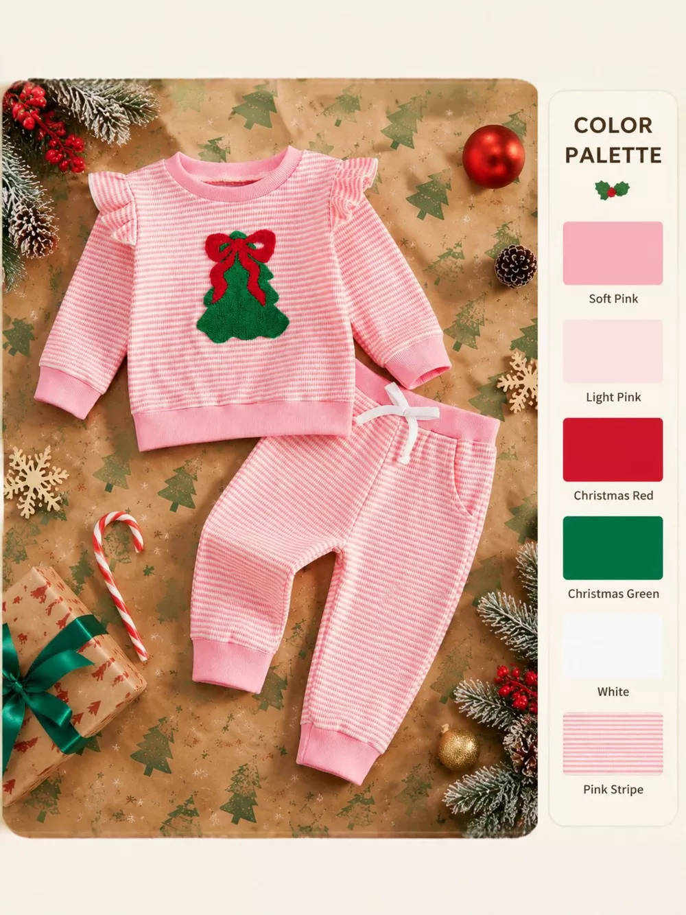 Children's Striped Christmas Tree Ruffle Pajama Set, image 4