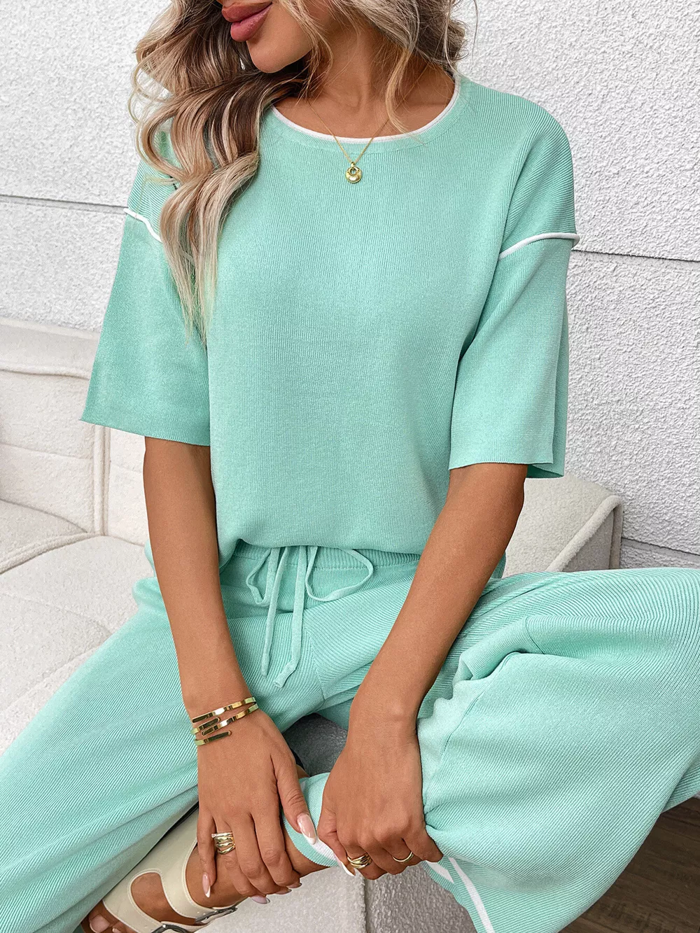 Round Neck Half Sleeve Top and Pants Set, image 3