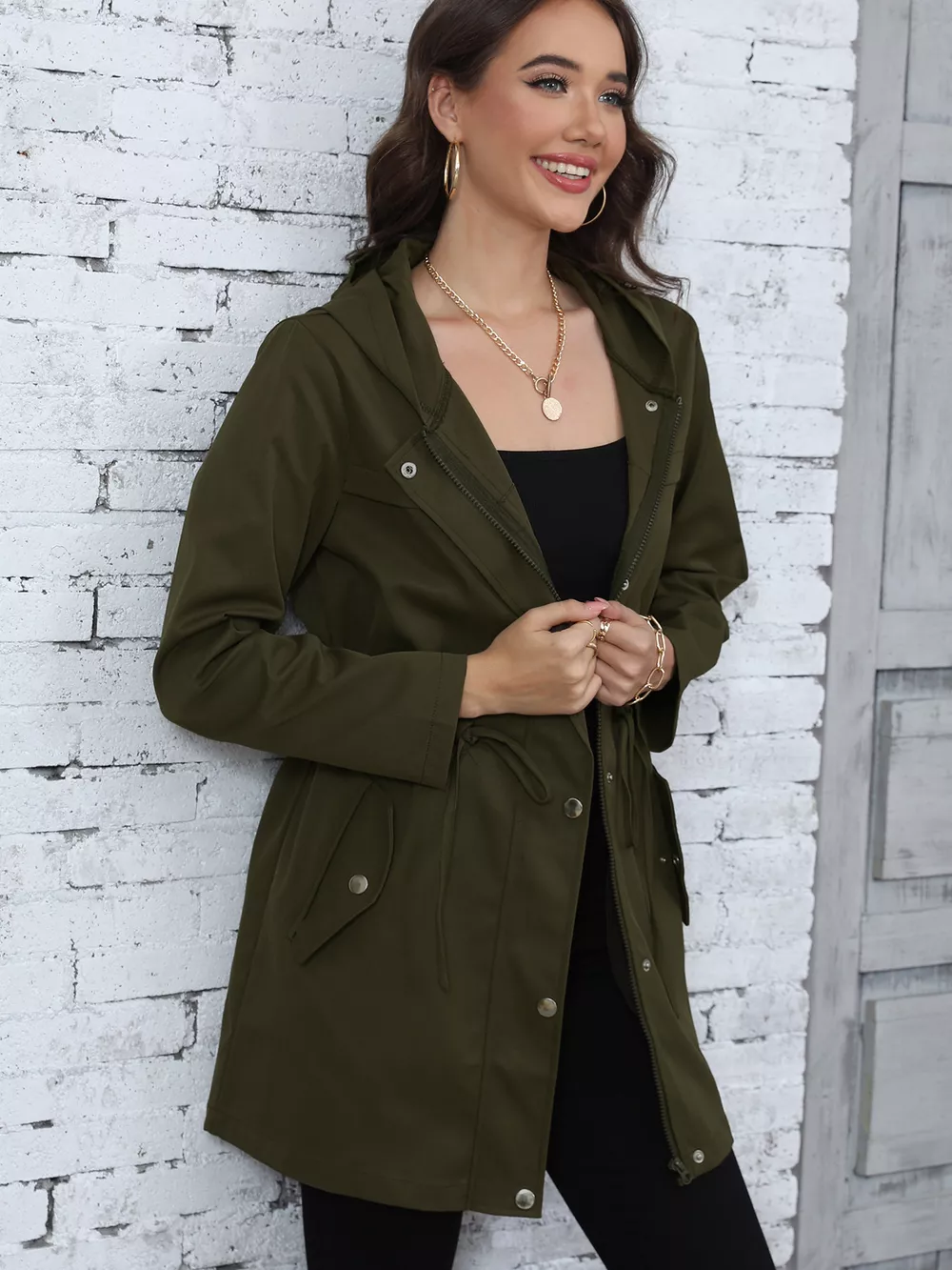 Hooded Drawstring Waist Casual Outerwear, image 6