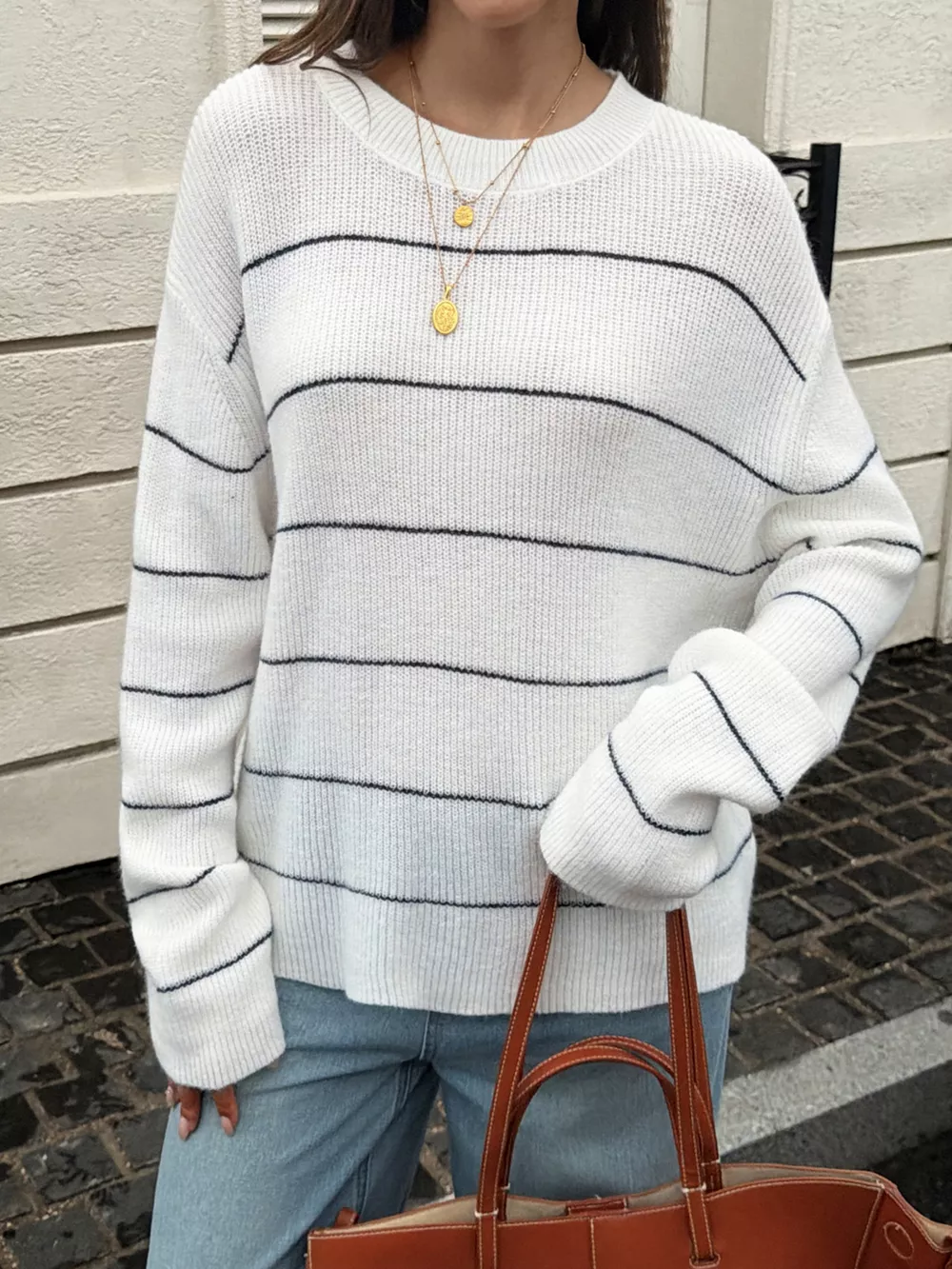Striped Crew Neck Dropped Shoulder Sweater, image 3