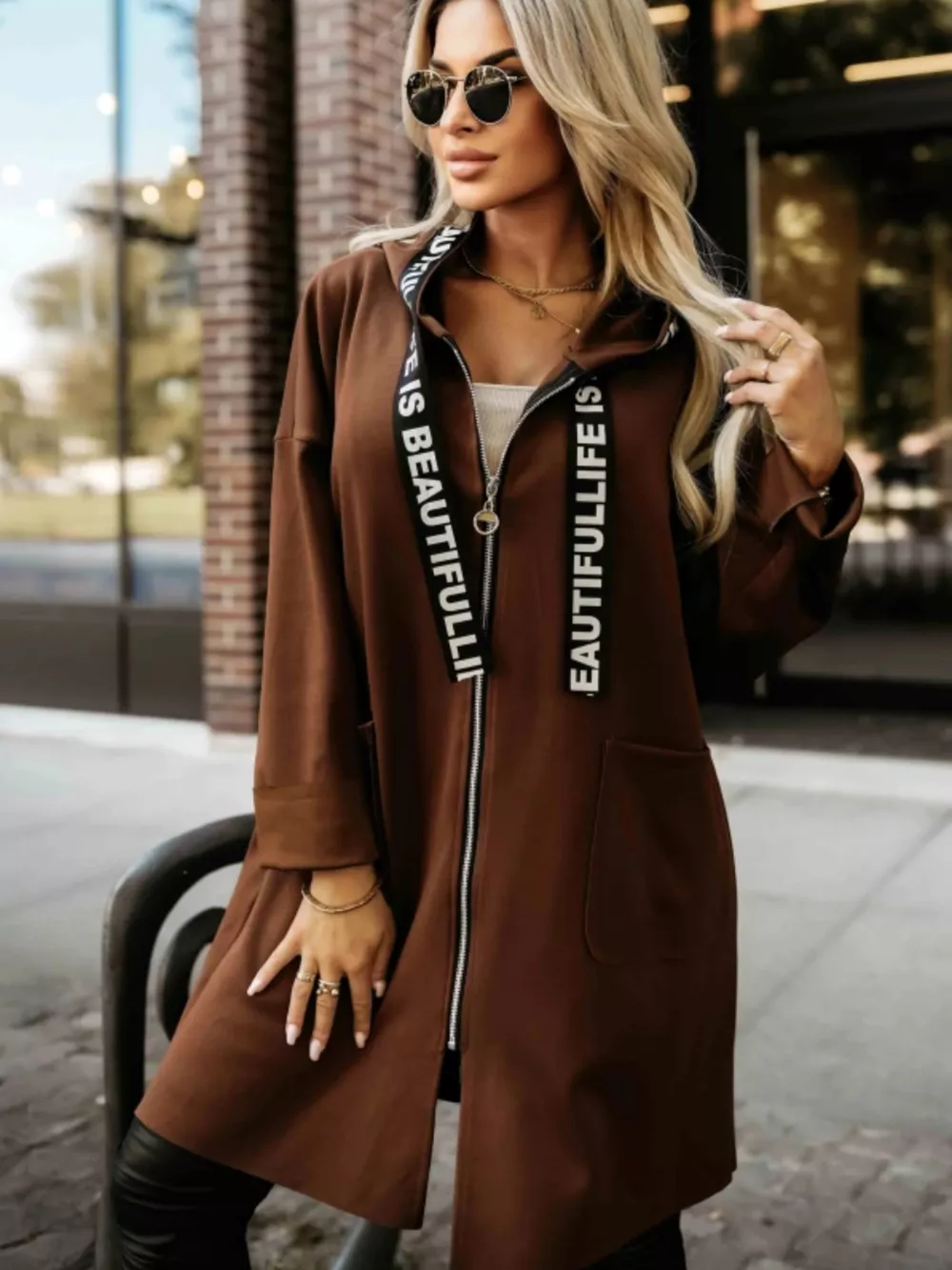 Full Size Casual Hooded Zip-Up Longline Outerwear Plus Size, image 2