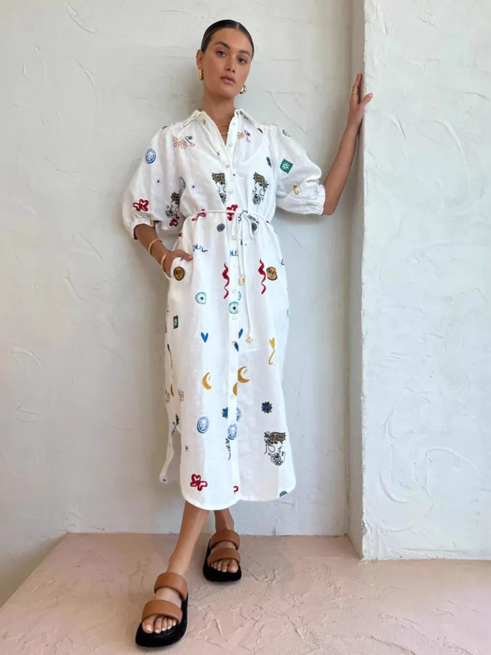 Printed Button Up Midi Shirt Dress, image 4