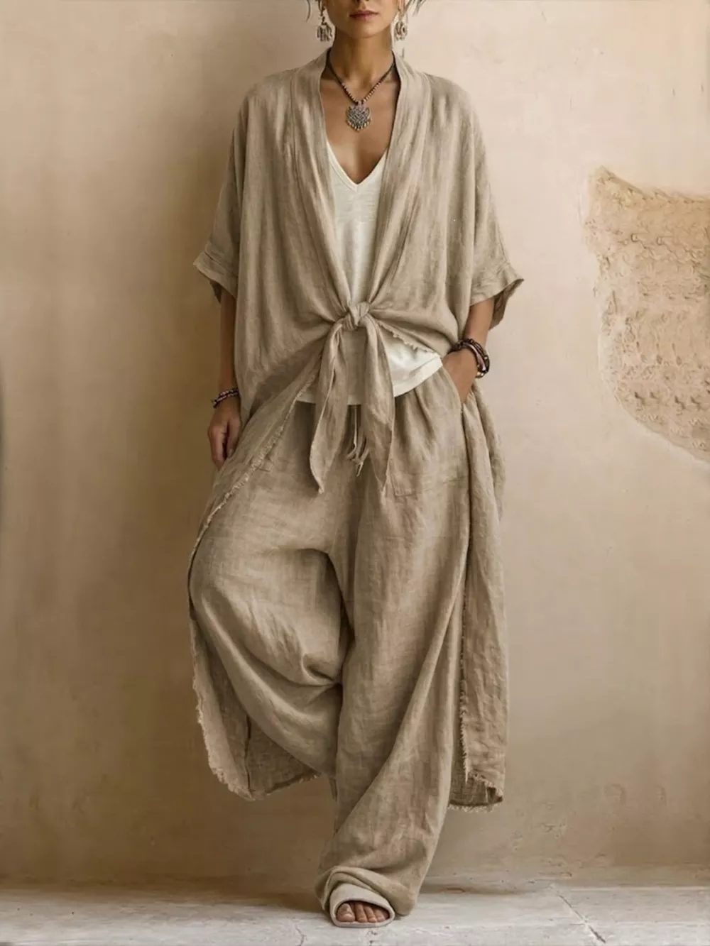 Full Size Tie-Front Cardigan and Wide-Leg Pants Set Plus Size