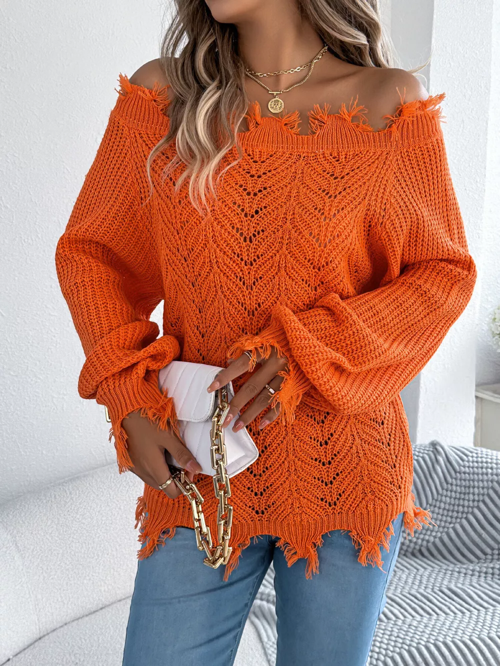 Distressed Hem Openwork Off-Shoulder Sweater, image 11