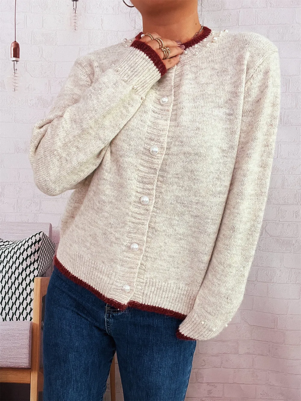 Pearl Embellished Button-Front Cardigan, image 13