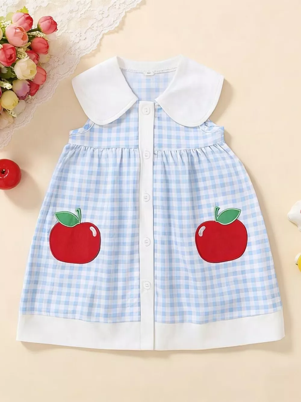 Children's Fruit Embroidered Sleeveless Plaid Dress, image 8
