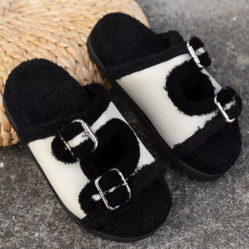 Buckle Decor Plush Lined Platform Slippers, image 3