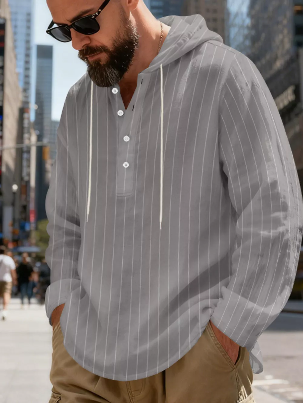 Men's Full Size Casual Striped Henley Hoodie with Drawstring Plus Size, image 15