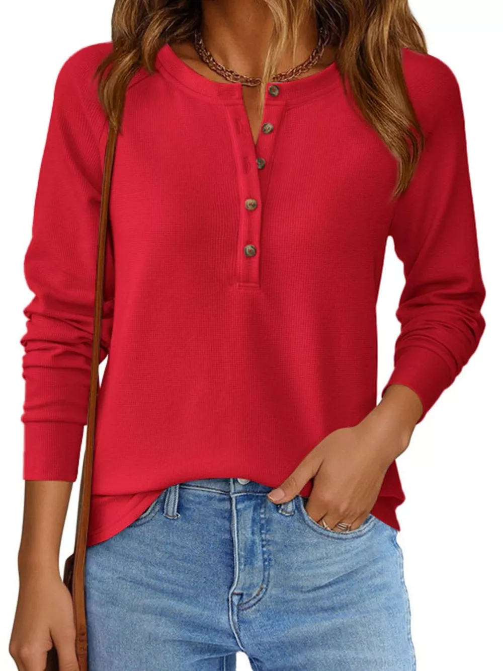 Waffle Knit Henley Long Sleeve T-Shirt, image 18
