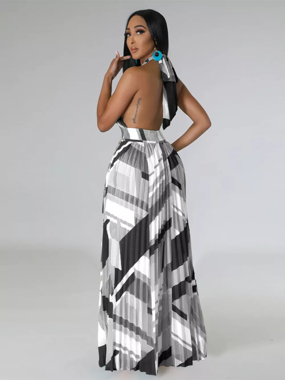 Halter Neck Geometric Print Pleated Maxi Dress, image 21
