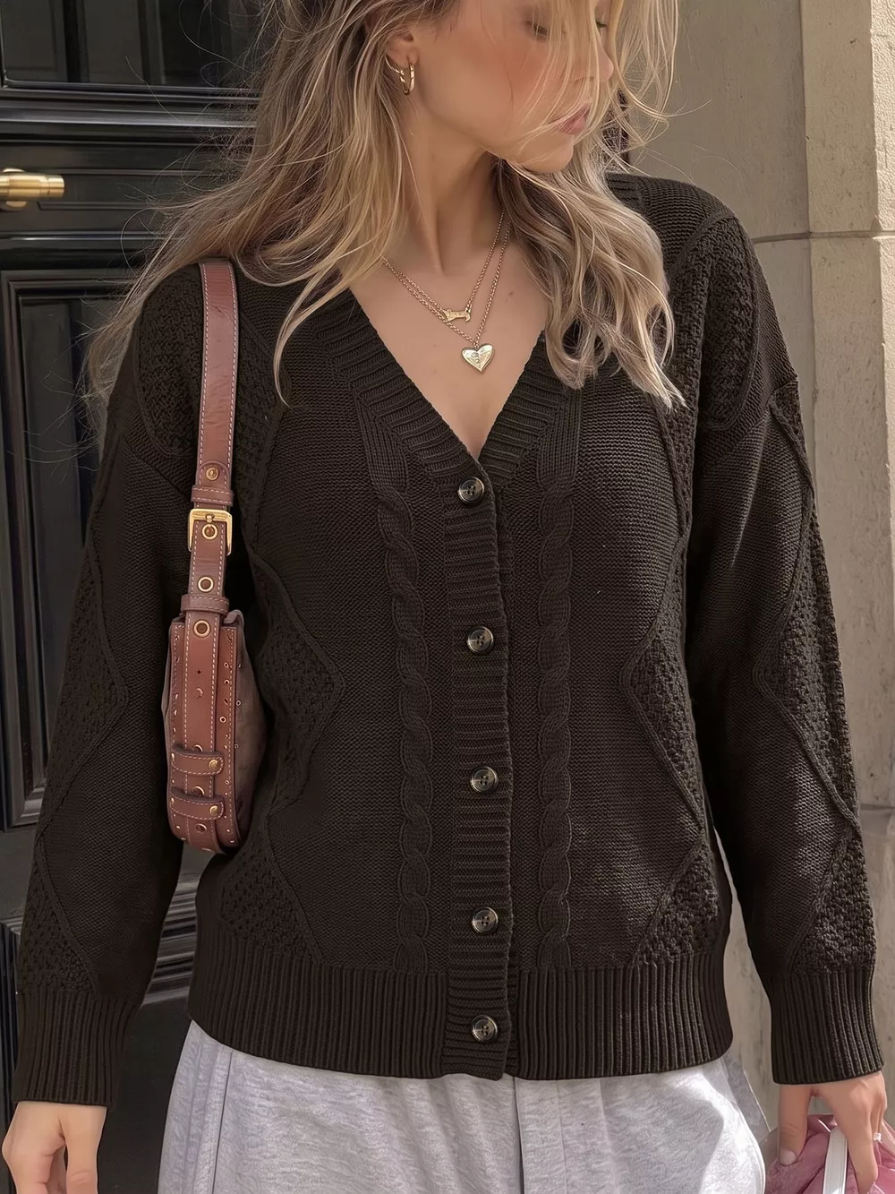 V-Neck Cable Knit Button-Down Cardigan, image 4