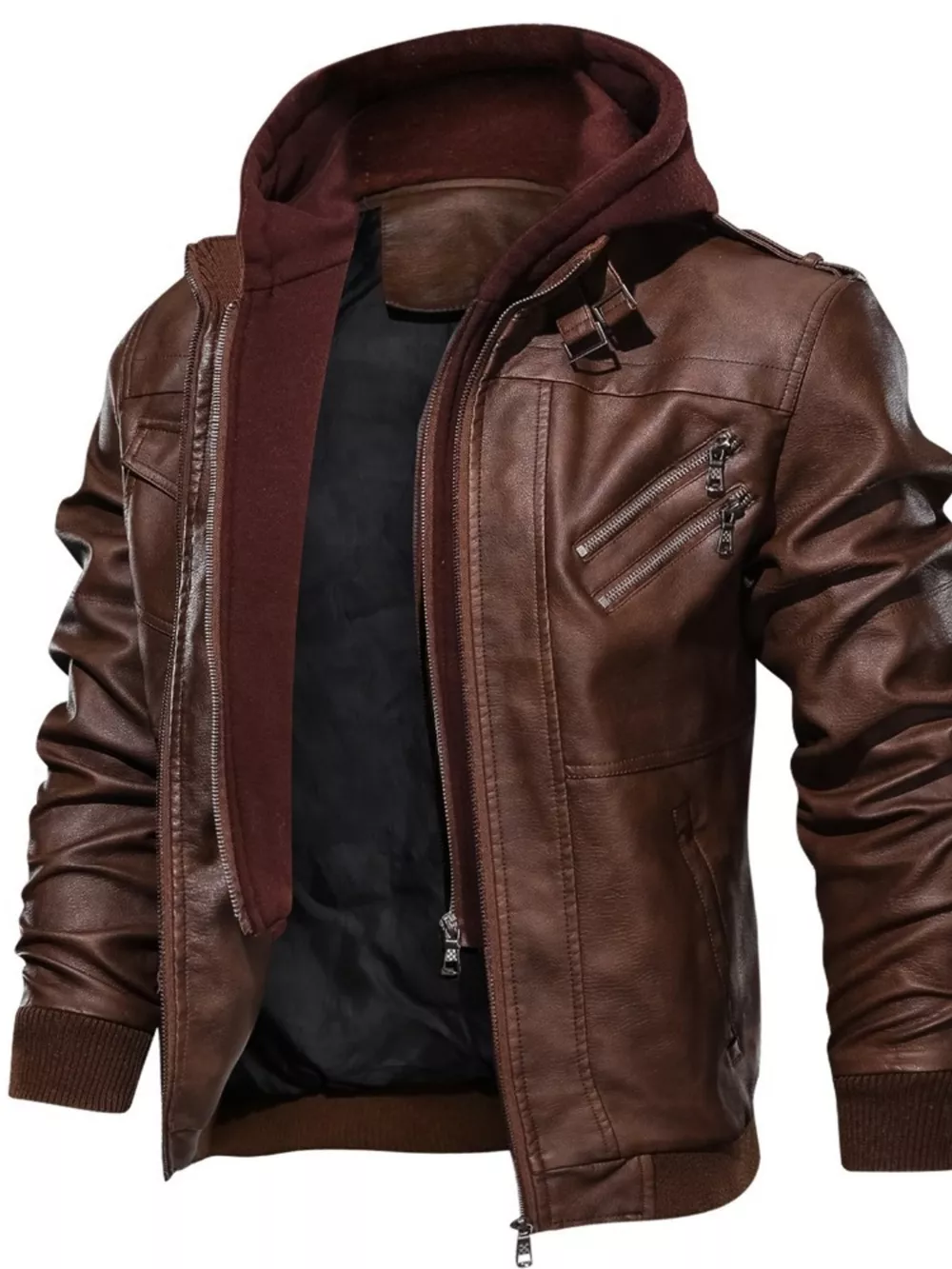 Men's Full Size Hooded Faux Leather Moto Jacket Plus Size, image 7