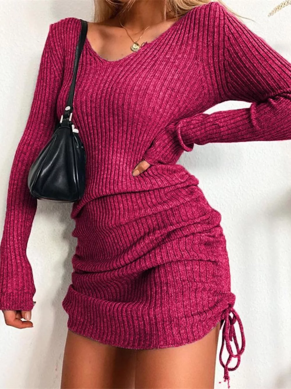 Full Size Ribbed Knit Drawstring Bodycon Sweater Dress Plus Size, image 25