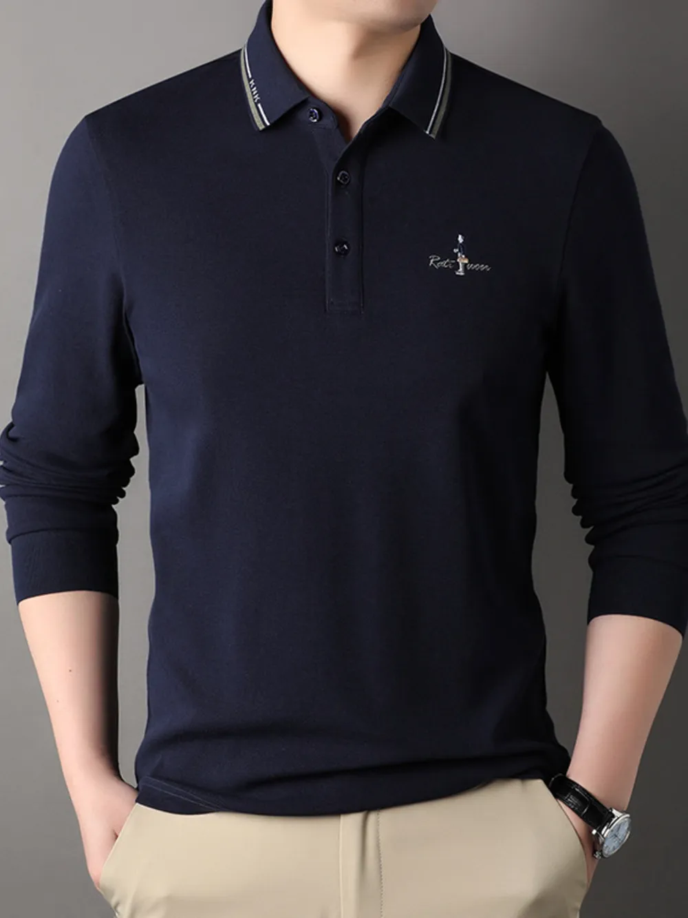 Men's Plus Size Button Detail Long Sleeve Polo, image 9
