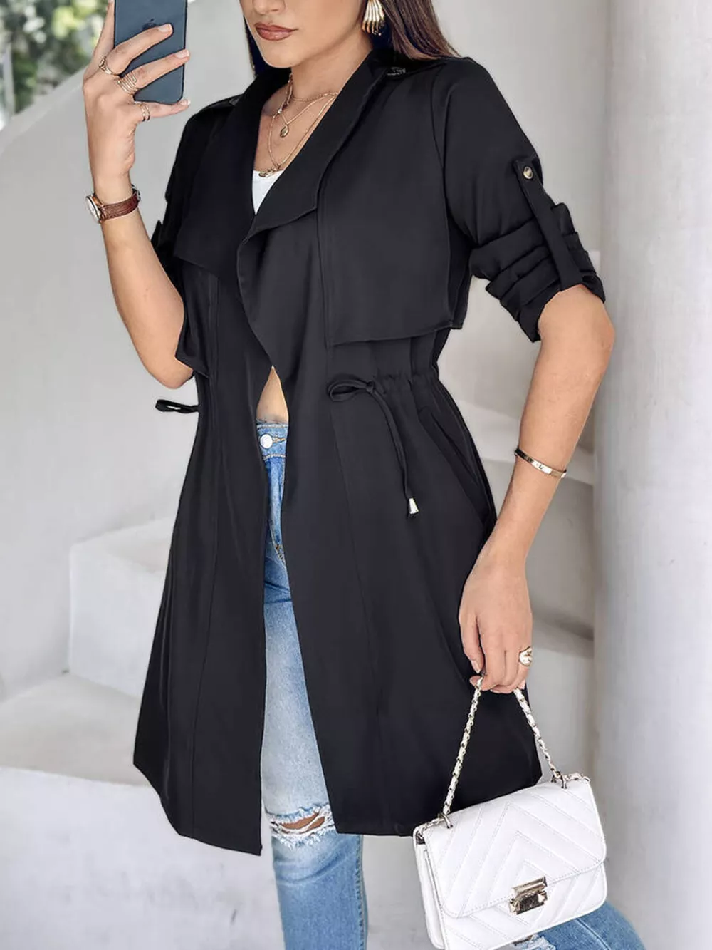 Drape Collar Lightweight Trench Coat, image 13