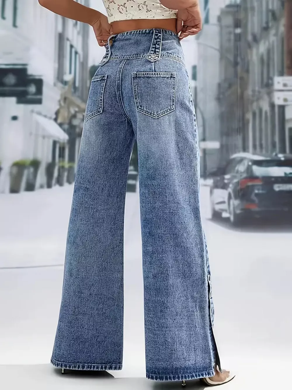 High Waist Button Decor Wide Leg Jeans, image 4
